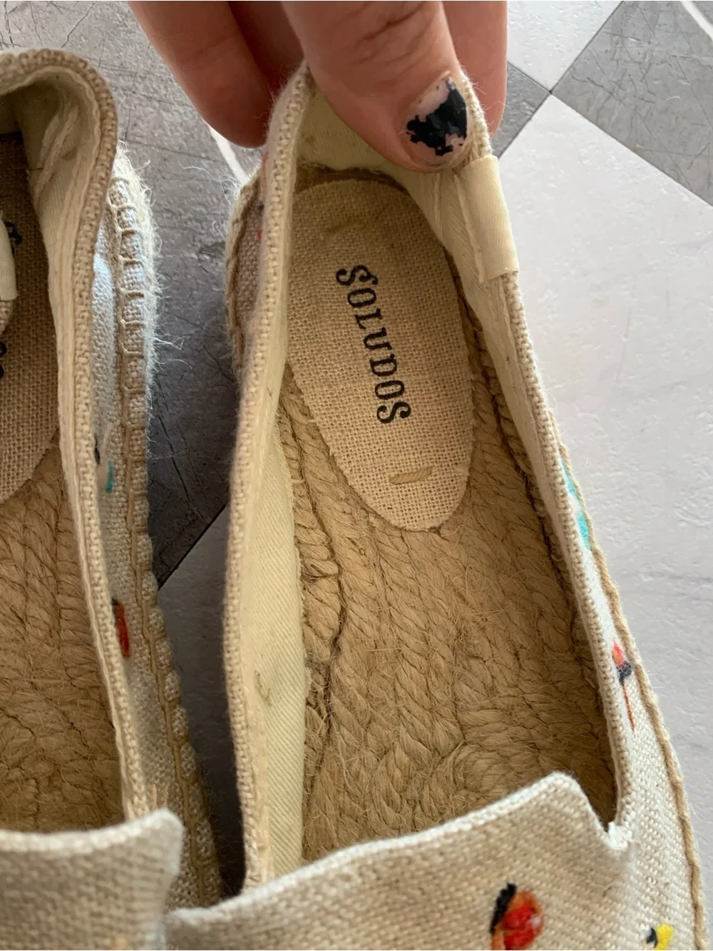 Soludos Cream Espadrille Slip-Ons with Multicolor Swimmer Embroidery